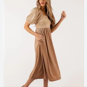 Salt Vivienne Puff sleeve velvet gold tan midi rustic cottage dress size xl